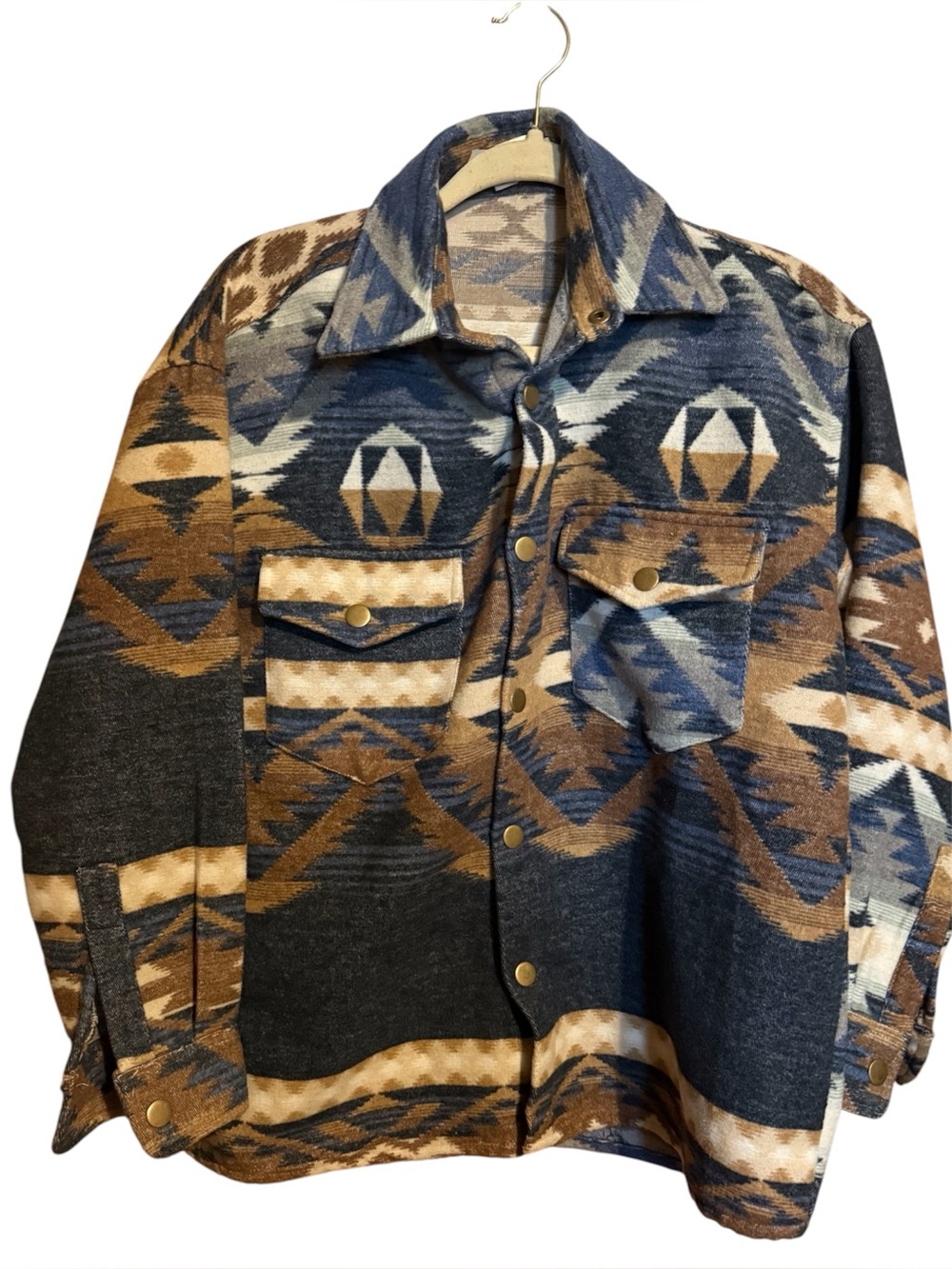 Molly Bracken Aztec Button-Front Shirt Jacket - Blue & Brown boho xs extra small